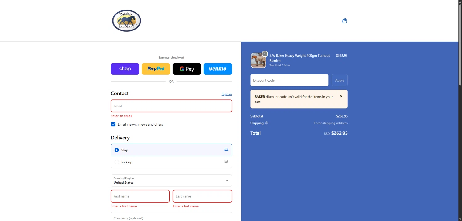 Paddock Saddlery promo code screenshot showing code BAKER applied at Paddock Saddlery checkout page. Uploaded by SimplyCodes community member VictoriousBoss8742 on Jan 10, 2026