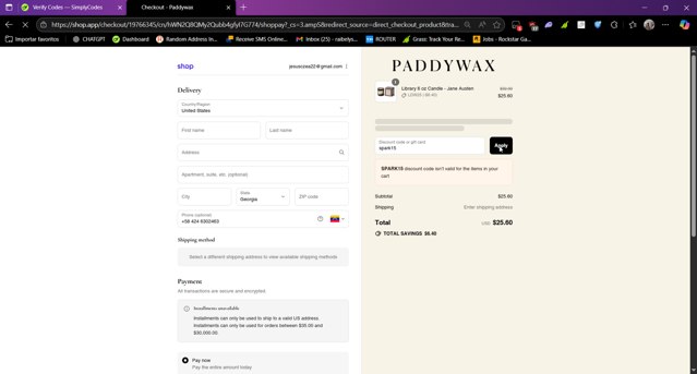 Paddywax checkout page showing Paddywax coupon code box | Screenshot taken by SimplyCodes community member on Aug 31, 2025