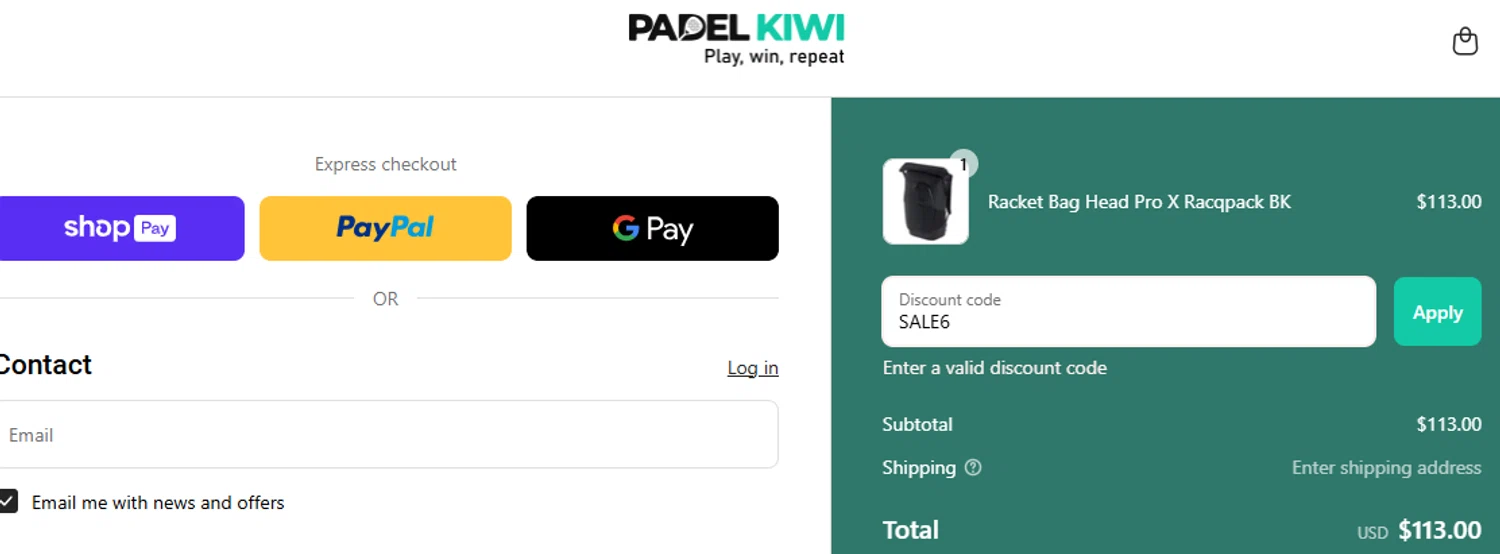 Padel Kiwi US promo code screenshot showing code SALE6 applied at Padel Kiwi US checkout page. Uploaded by SimplyCodes community member GloriousCollector9521 on Apr 7, 2025