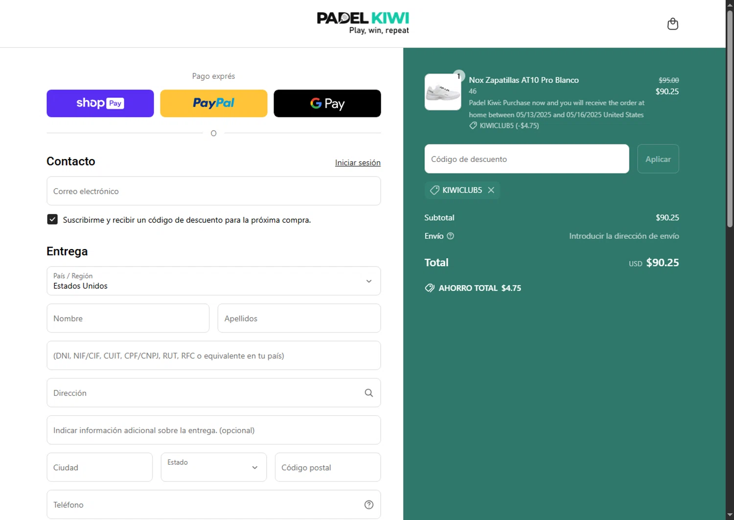 Padel Kiwi US promo code screenshot showing code KIWICLUB5 applied at Padel Kiwi US checkout page. Uploaded by SimplyCodes community member Alejandra10 on May 6, 2025