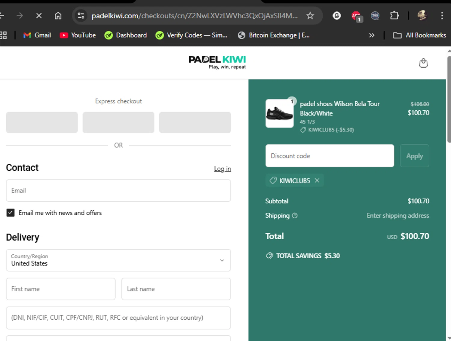 Padel Kiwi US promo code screenshot showing code KIWICLUB5 applied at Padel Kiwi US checkout page. Uploaded by SimplyCodes community member LiShang on Apr 7, 2025
