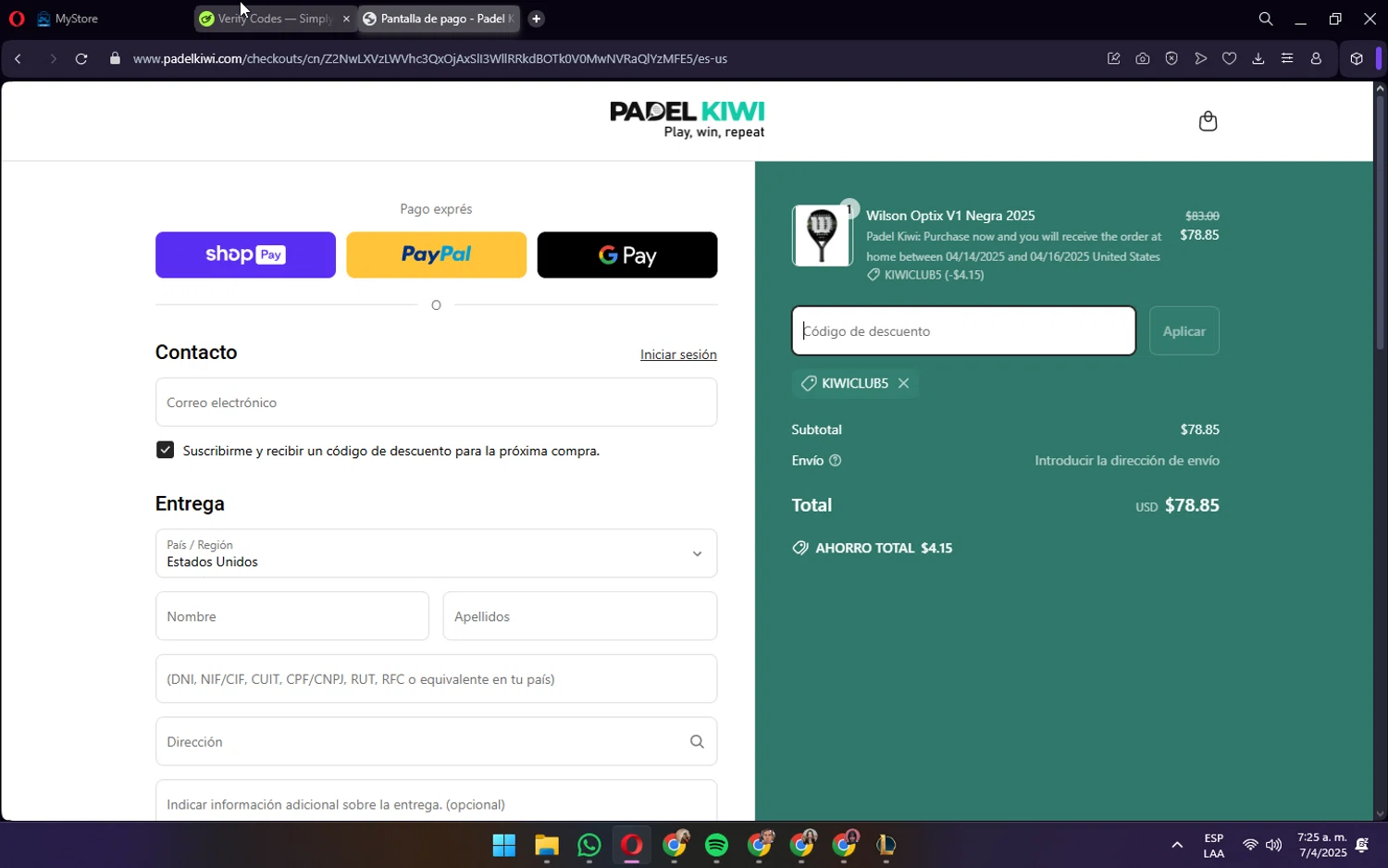 Padel Kiwi US promo code screenshot showing code KIWICLUB5 applied at Padel Kiwi US checkout page. Uploaded by SimplyCodes community member wednesday on Apr 7, 2025