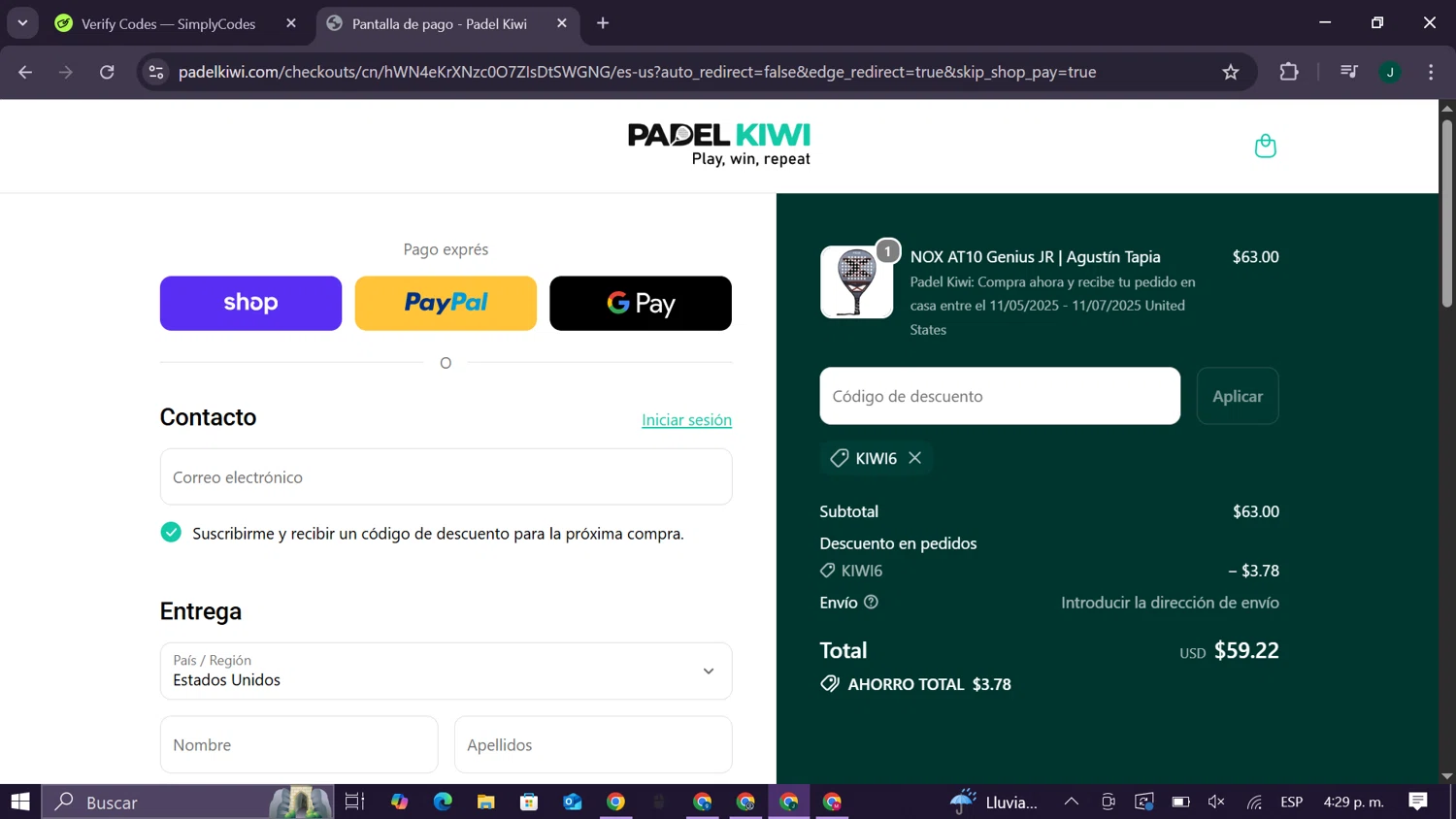 Padel Kiwi US promo code screenshot showing code KIWI6 applied at Padel Kiwi US checkout page. Uploaded by SimplyCodes community member CleverElite8110 on Oct 28, 2025