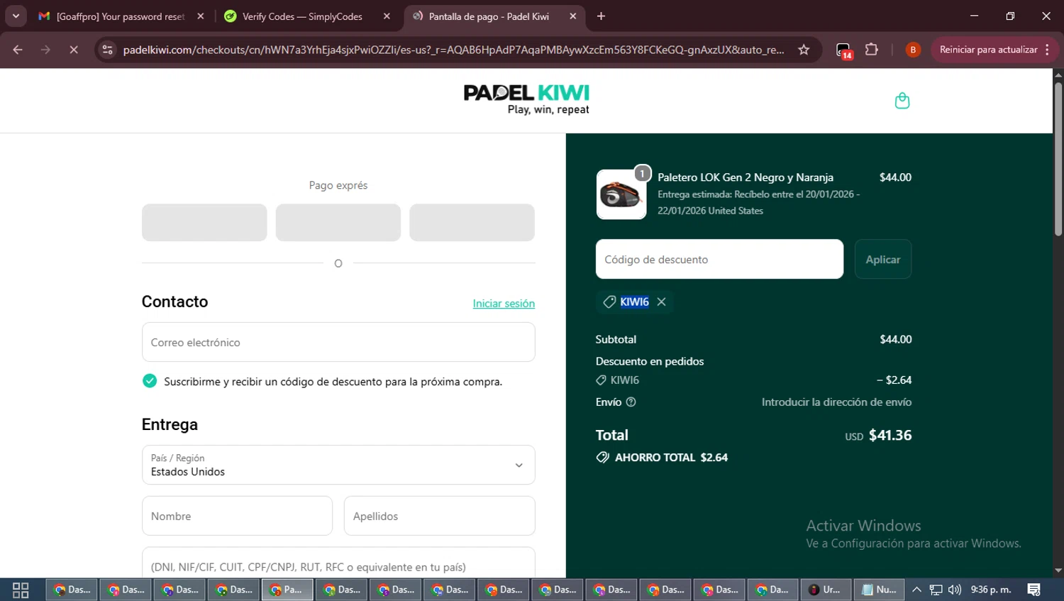 Padel Kiwi US promo code screenshot showing code KIWI6 applied at Padel Kiwi US checkout page. Uploaded by SimplyCodes community member DiscountExpert6435 on Jan 14, 2026