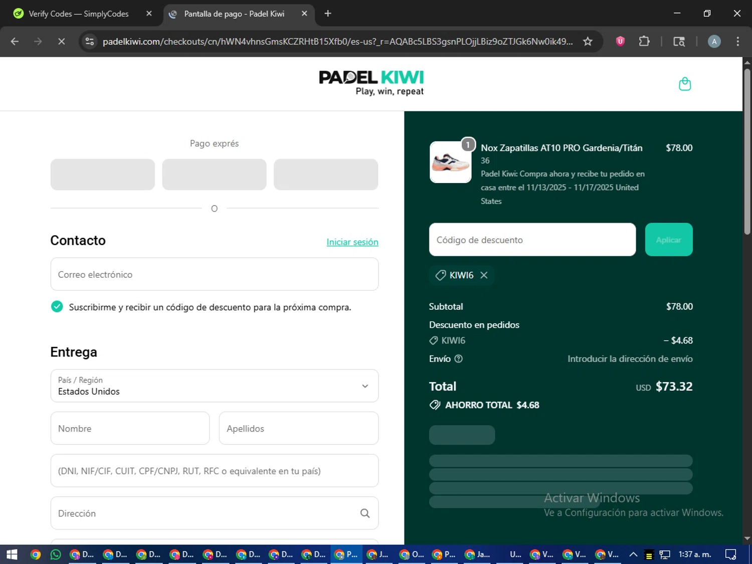 Padel Kiwi US promo code screenshot showing code KIWI6 applied at Padel Kiwi US checkout page. Uploaded by SimplyCodes community member trippieredd on Nov 5, 2025