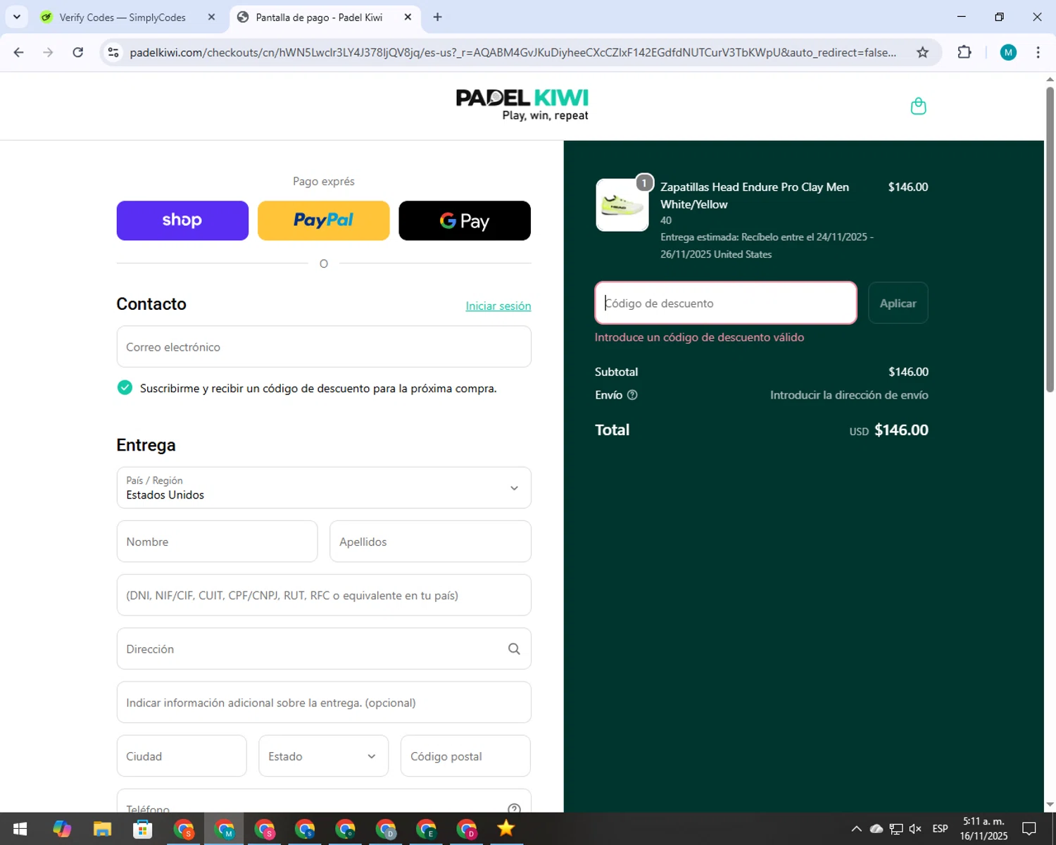 Padel Kiwi US promo code screenshot showing code HALLOWEEN6 applied at Padel Kiwi US checkout page. Uploaded by SimplyCodes community member 000005 on Nov 16, 2025