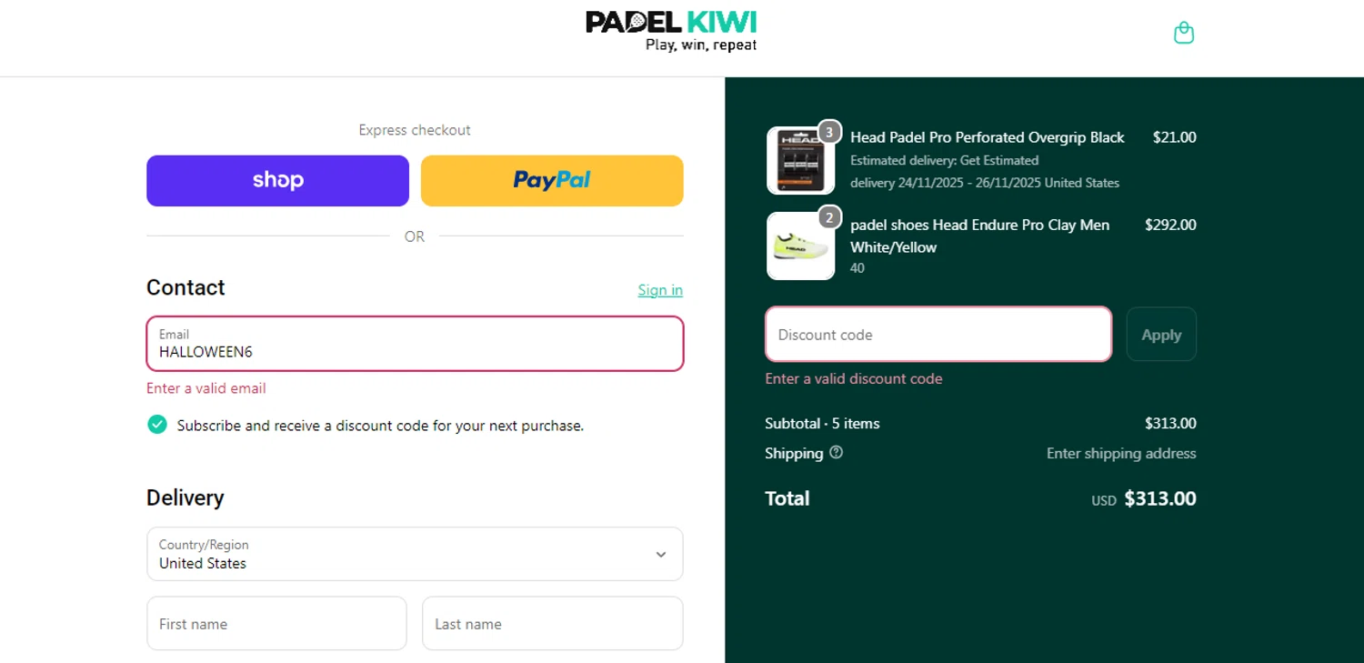 Padel Kiwi US promo code screenshot showing code HALLOWEEN6 applied at Padel Kiwi US checkout page. Uploaded by SimplyCodes community member obito1234 on Nov 16, 2025