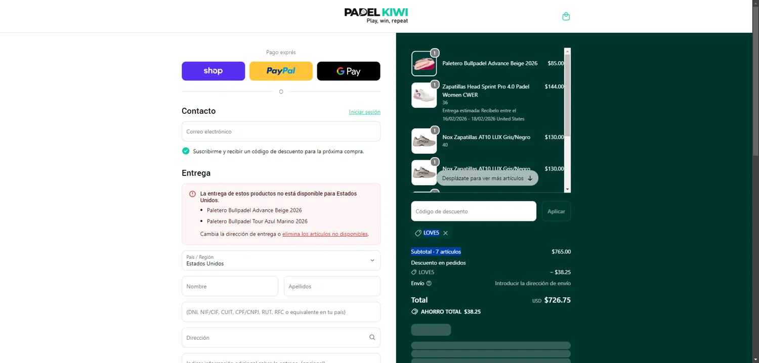 Padel Kiwi US promo code screenshot showing code LOVE5 applied at Padel Kiwi US checkout page. Uploaded by SimplyCodes community member FortunateWizard717 on Feb 10, 2026