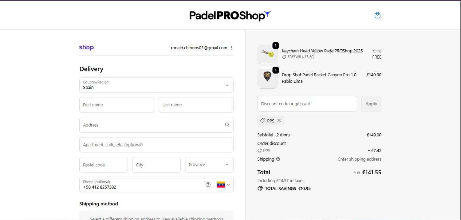 Padel Pro Shop checkout page showing Padel Pro Shop discount code box | Screenshot taken by SimplyCodes community member on Feb 14, 2026