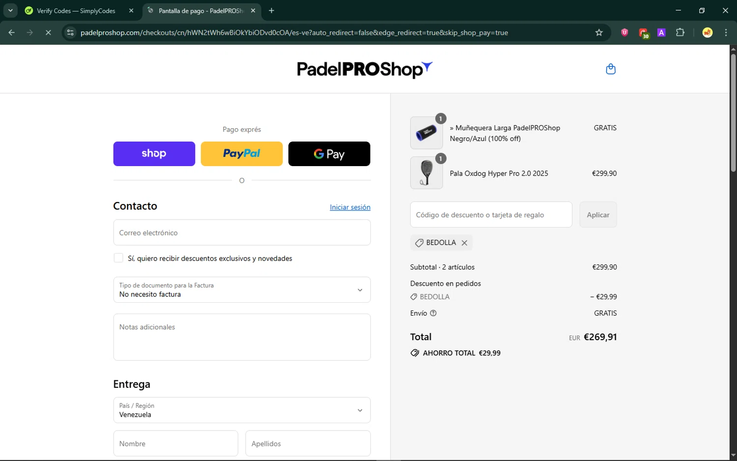 Padel Pro Shop discount code screenshot showing code bedolla applied at Padel Pro Shop checkout page. Uploaded by SimplyCodes community member ShrewdCaptain9911 on Sep 12, 2025