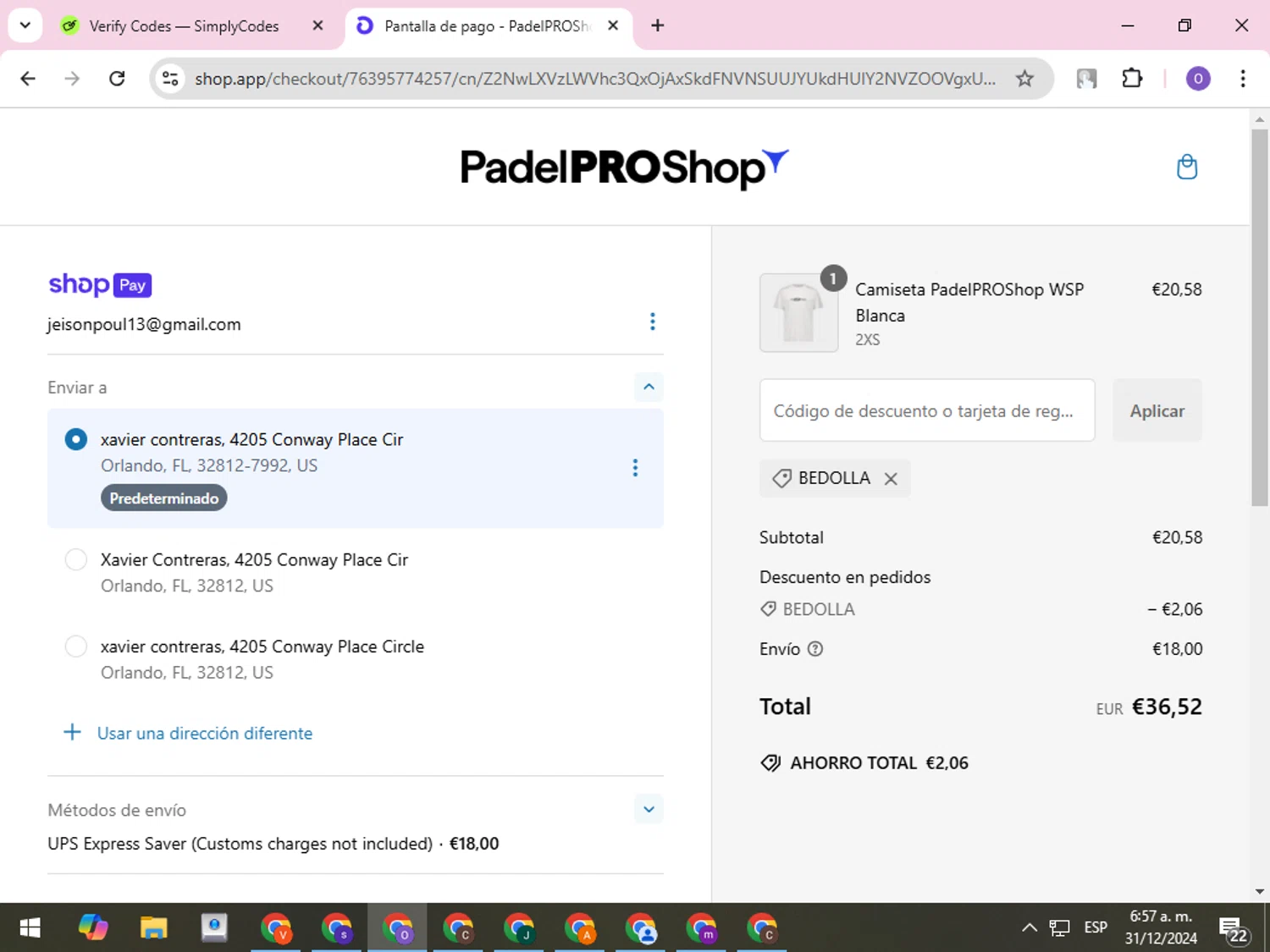 Padel Pro Shop discount code screenshot showing code bedolla applied at Padel Pro Shop checkout page. Uploaded by SimplyCodes community member CleverLynx8245 on Dec 31, 2024