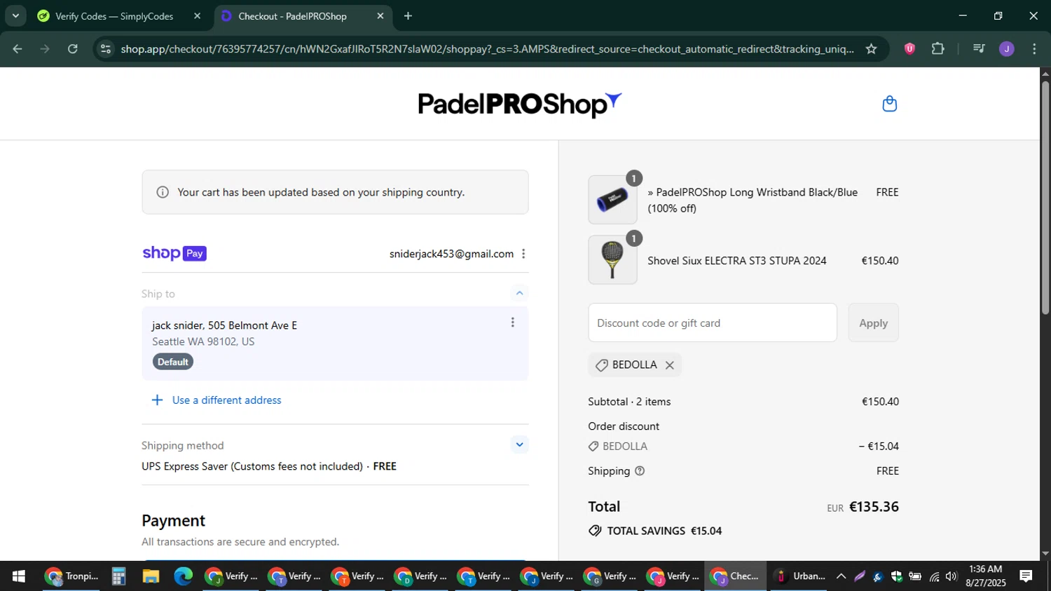 Padel Pro Shop discount code screenshot showing code bedolla applied at Padel Pro Shop checkout page. Uploaded by SimplyCodes community member sniderjack453 on Aug 27, 2025