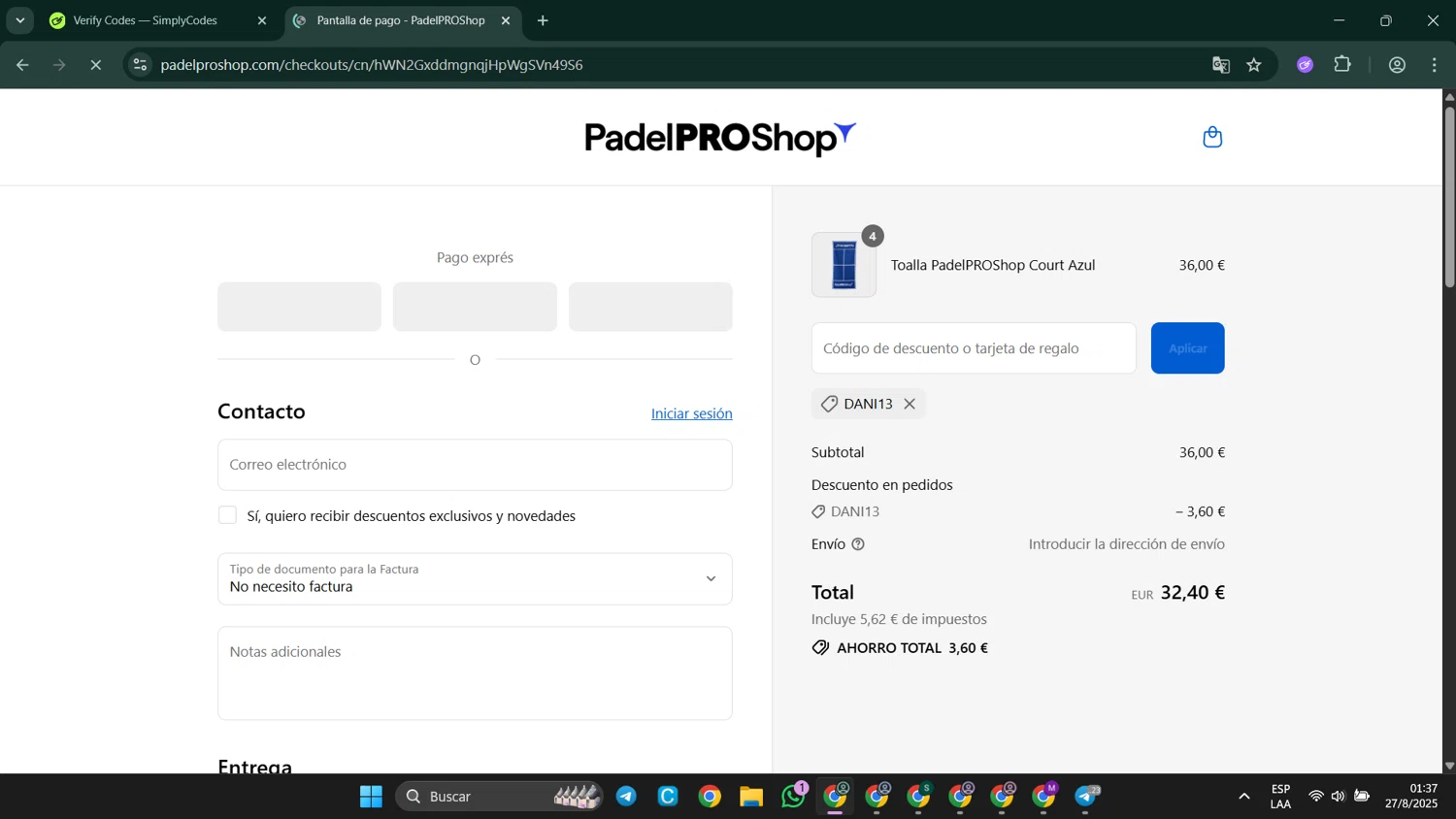 Padel Pro Shop discount code screenshot showing code dani13 applied at Padel Pro Shop checkout page. Uploaded by SimplyCodes community member LuckyElite8069 on Aug 27, 2025