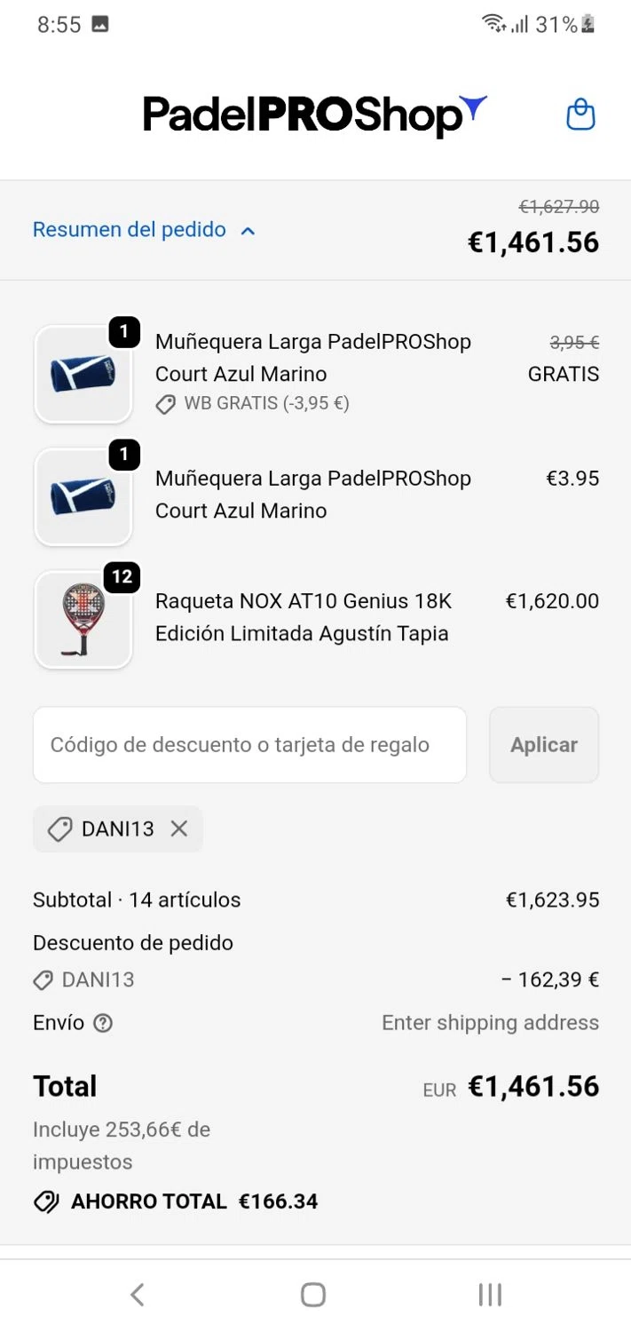 Padel Pro Shop discount code screenshot showing code dani13 applied at Padel Pro Shop checkout page. Uploaded by SimplyCodes community member Menotii23 on Dec 29, 2025