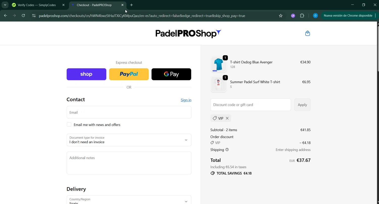 Padel Pro Shop discount code screenshot showing code vip applied at Padel Pro Shop checkout page. Uploaded by SimplyCodes community member _____________ on Oct 27, 2025