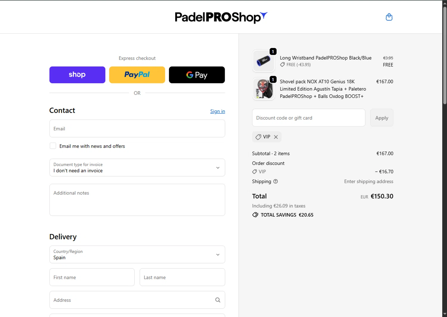 Padel Pro Shop discount code screenshot showing code vip applied at Padel Pro Shop checkout page. Uploaded by SimplyCodes community member MagnificentFalcon188 on Nov 15, 2025