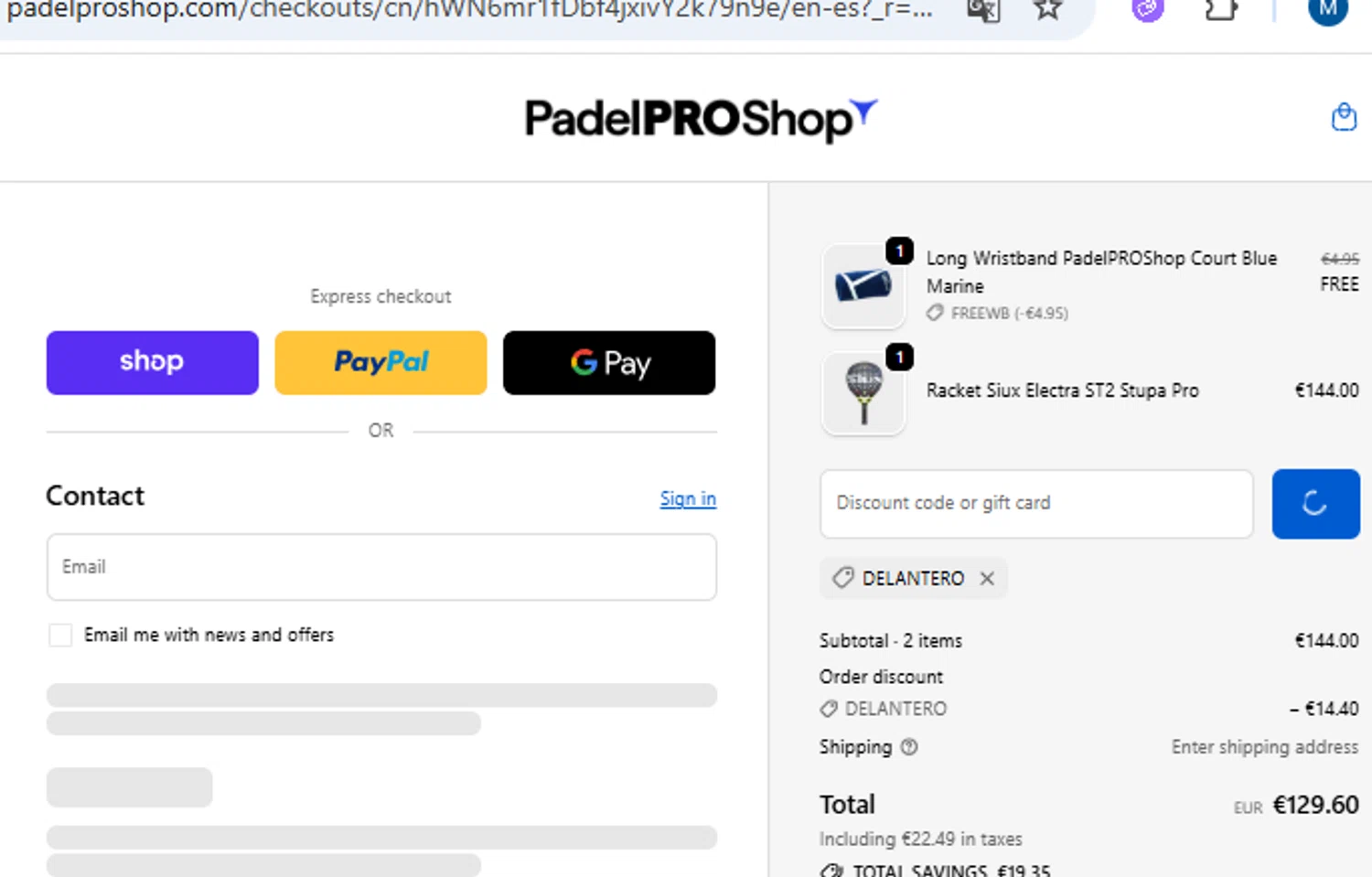 Padel Pro Shop discount code screenshot showing code DELANTERO applied at Padel Pro Shop checkout page. Uploaded by SimplyCodes community member PennyOwl2559 on Dec 24, 2025