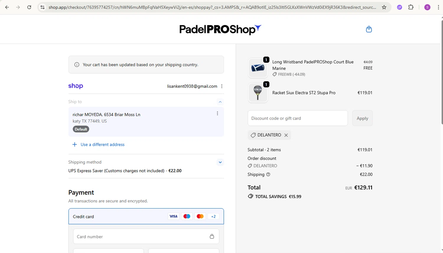 Padel Pro Shop discount code screenshot showing code DELANTERO applied at Padel Pro Shop checkout page. Uploaded by SimplyCodes community member sakisaki on Dec 24, 2025