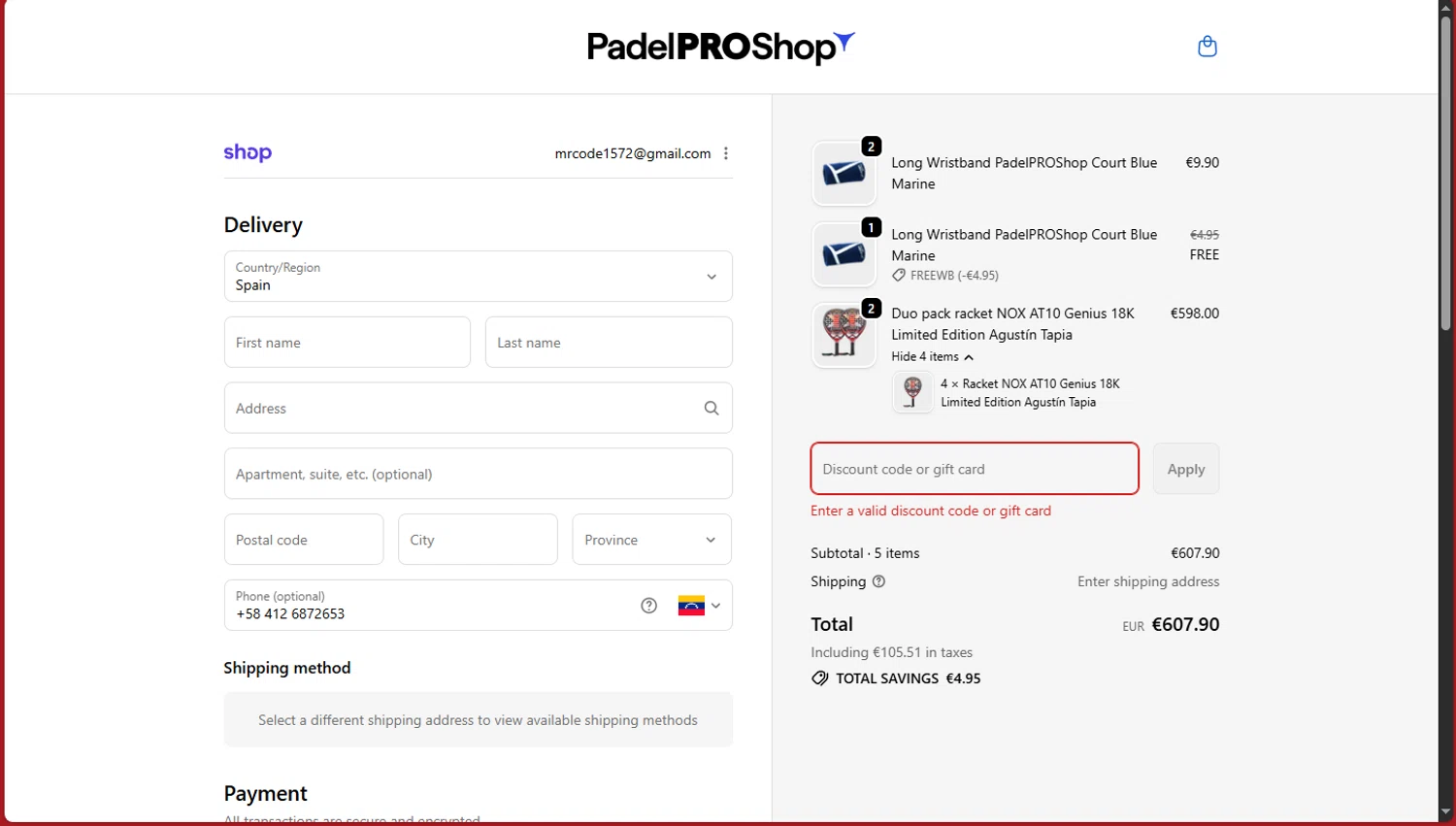 Padel Pro Shop discount code screenshot showing code DELANTERO applied at Padel Pro Shop checkout page. Uploaded by SimplyCodes community member tokiio on Dec 24, 2025