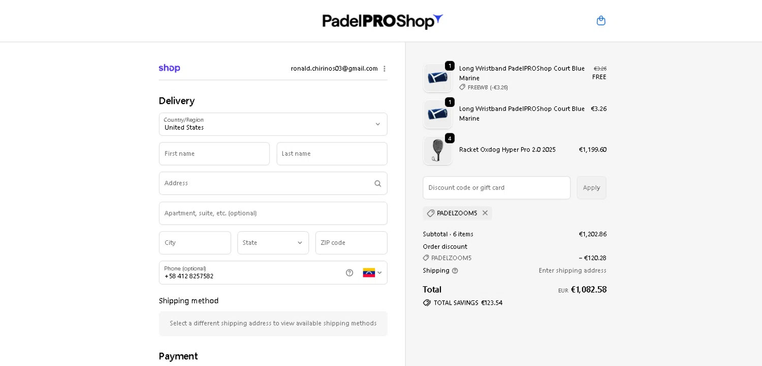 Padel Pro Shop discount code screenshot showing code PADELZOOM5 applied at Padel Pro Shop checkout page. Uploaded by SimplyCodes community member PennySage5996 on Dec 29, 2025