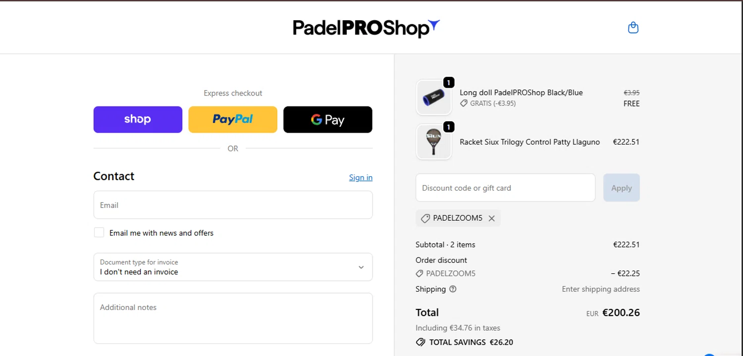 Padel Pro Shop discount code screenshot showing code PADELZOOM5 applied at Padel Pro Shop checkout page. Uploaded by SimplyCodes community member juanisaac on Oct 12, 2025
