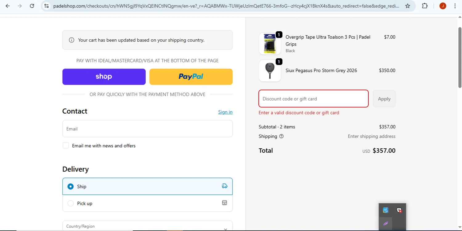 PadelShop.com promo code screenshot showing code WELCOMETEAMMATE5 applied at PadelShop.com checkout page. Uploaded by SimplyCodes community member Fabio05 on Nov 25, 2025