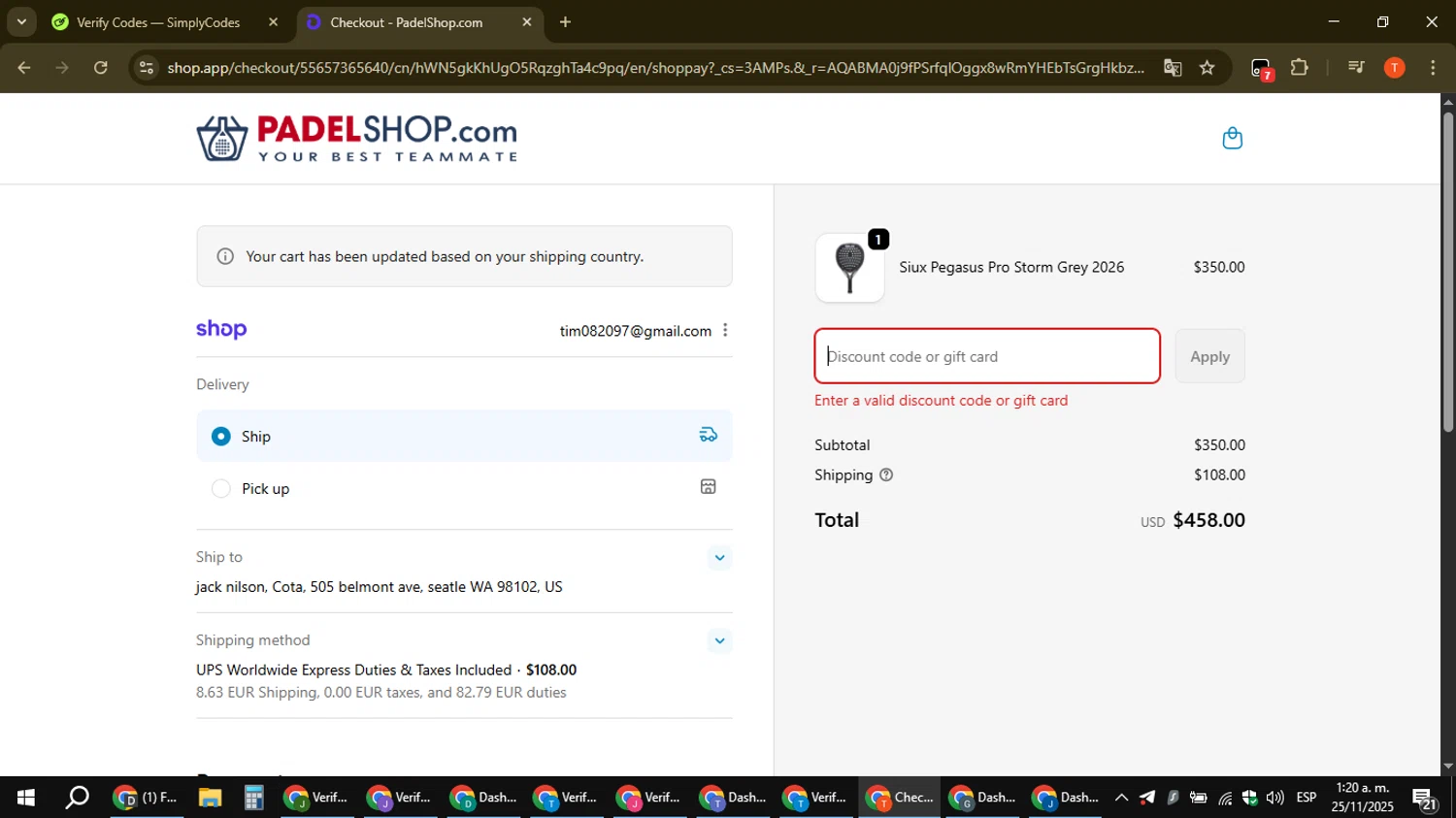PadelShop.com promo code screenshot showing code WELCOMETEAMMATE5 applied at PadelShop.com checkout page. Uploaded by SimplyCodes community member ShrewdAce8338 on Nov 25, 2025