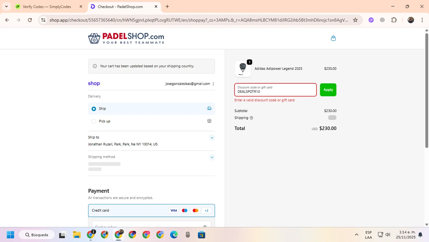 PadelShop.com promo code screenshot showing code DEALSPOTR10 applied at PadelShop.com checkout page. Uploaded by SimplyCodes community member CoinScout855 on Nov 25, 2025
