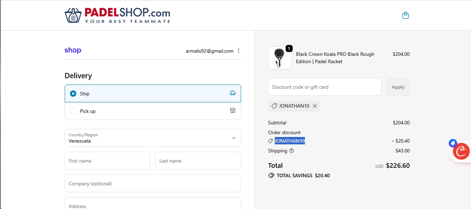 PadelShop.com promo code screenshot showing code JONATHAN10 applied at PadelShop.com checkout page. Uploaded by SimplyCodes community member armalissolorzano1 on Jan 25, 2026