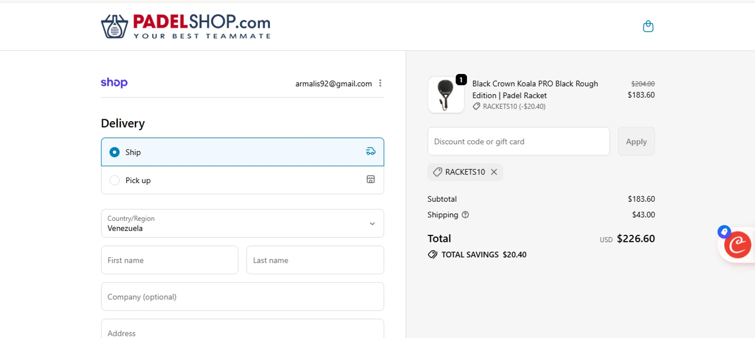 PadelShop.com promo code screenshot showing code RACKETS10 applied at PadelShop.com checkout page. Uploaded by SimplyCodes community member armalissolorzano1 on Jan 25, 2026