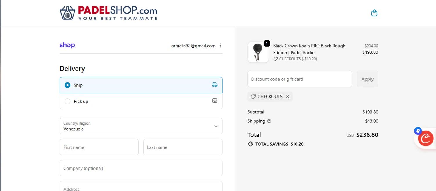 PadelShop.com promo code screenshot showing code Checkout5 applied at PadelShop.com checkout page. Uploaded by SimplyCodes community member armalissolorzano1 on Jan 25, 2026