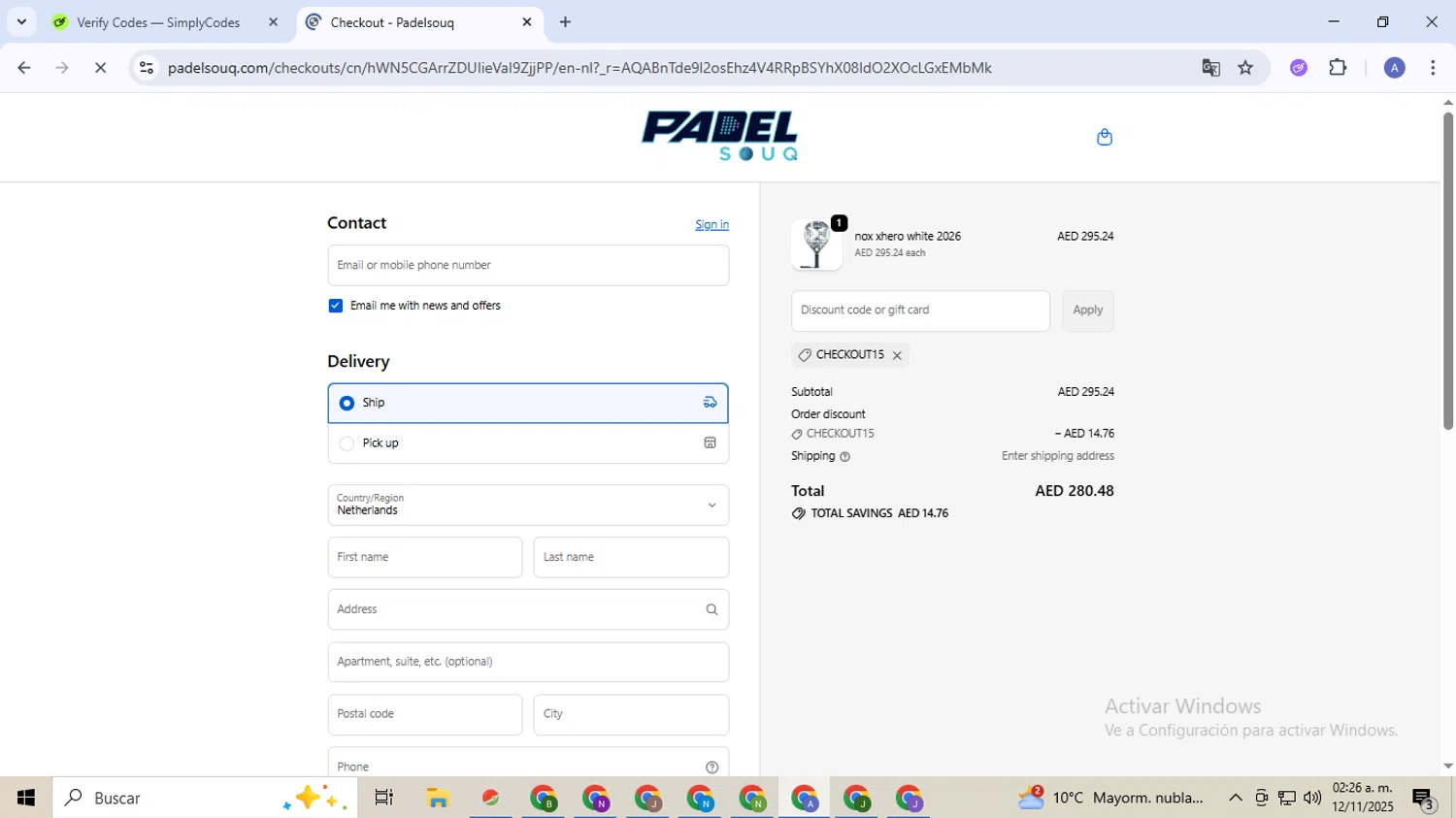 Padelsouq US promo code screenshot showing code CHECKOUT15 applied at Padelsouq US checkout page. Uploaded by SimplyCodes community member TreasureCaptain5531 on Nov 12, 2025