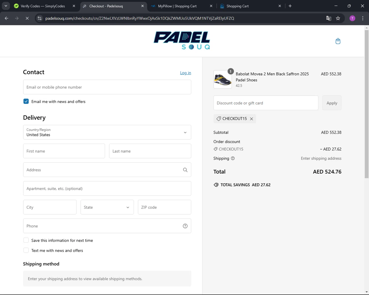 Padelsouq US promo code screenshot showing code CHECKOUT15 applied at Padelsouq US checkout page. Uploaded by SimplyCodes community member CleverFinder9623 on Feb 18, 2025