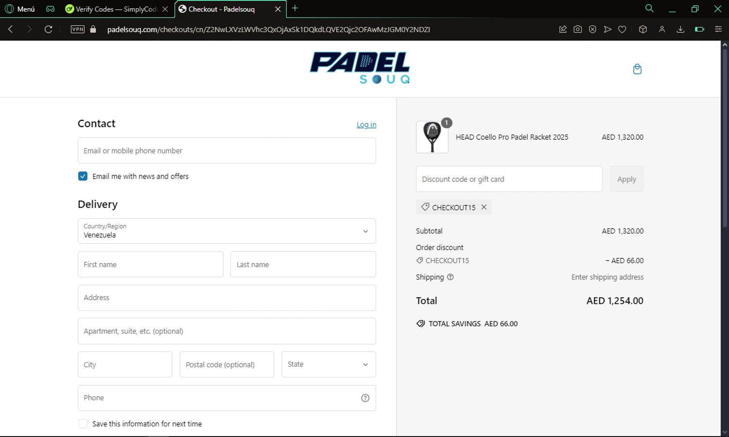 Padelsouq US promo code screenshot showing code CHECKOUT15 applied at Padelsouq US checkout page. Uploaded by SimplyCodes community member omare29 on Feb 18, 2025