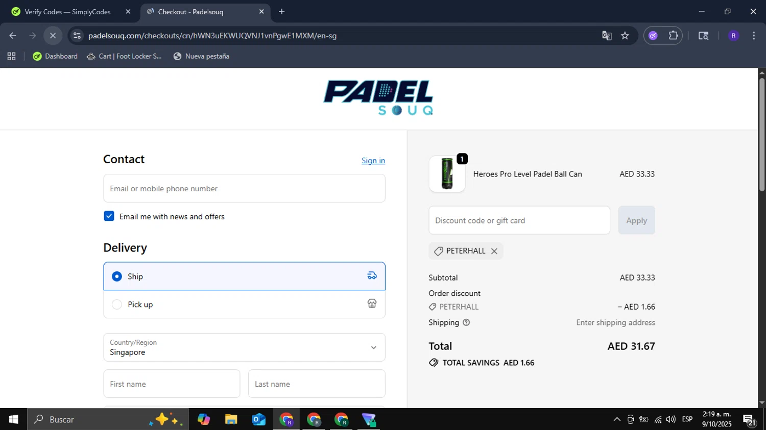 Padelsouq US promo code screenshot showing code PETERHALL applied at Padelsouq US checkout page. Uploaded by SimplyCodes community member Mykeusername on Oct 9, 2025