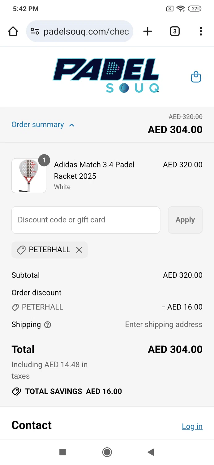 Padelsouq US promo code screenshot showing code PETERHALL applied at Padelsouq US checkout page. Uploaded by SimplyCodes community member alexanderarnold on Jul 21, 2025