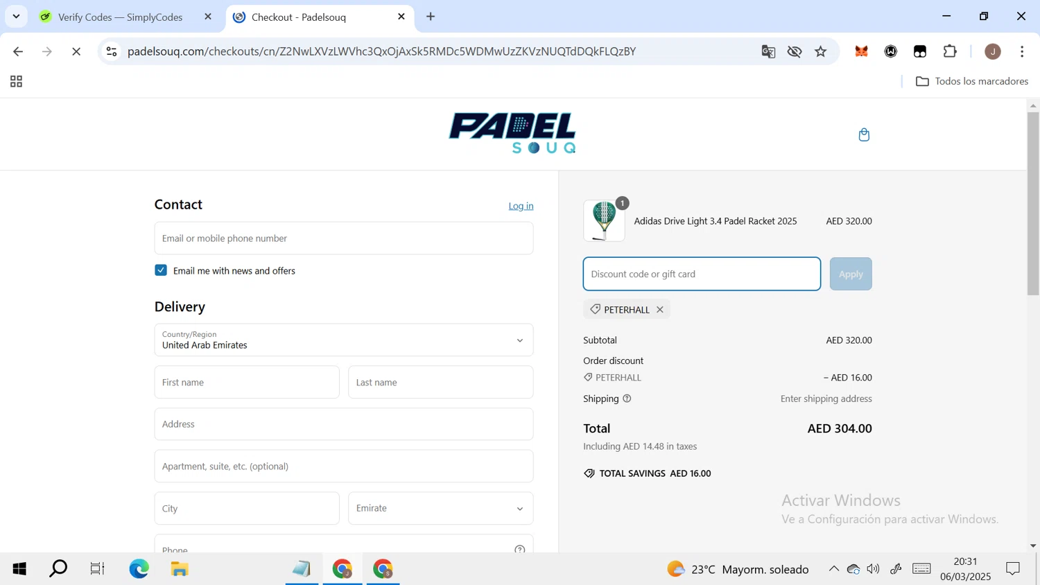 Padelsouq US promo code screenshot showing code PETERHALL applied at Padelsouq US checkout page. Uploaded by SimplyCodes community member RoyalAdmiral4824 on Mar 7, 2025