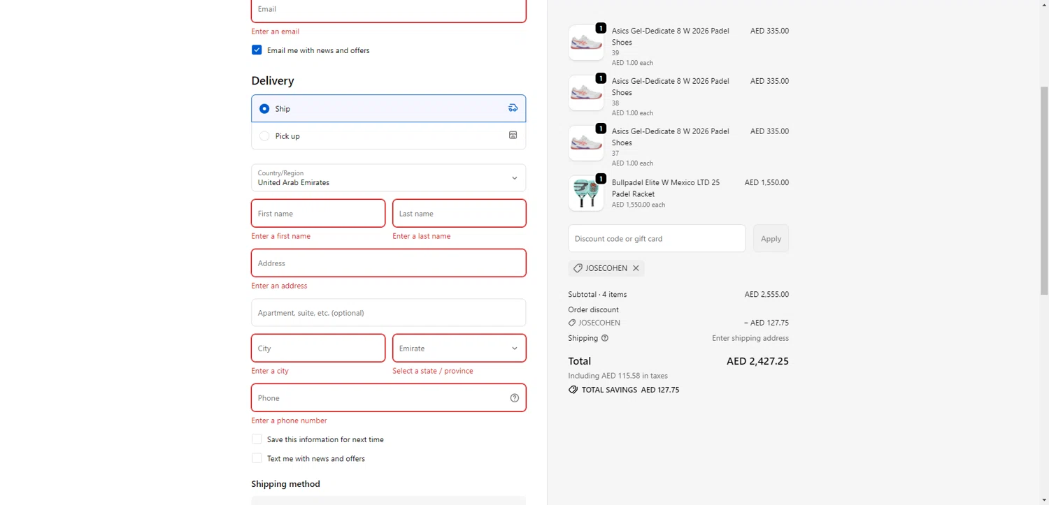 Padelsouq US promo code screenshot showing code JOSECOHEN applied at Padelsouq US checkout page. Uploaded by SimplyCodes community member SwiftCurator4059 on Feb 3, 2026