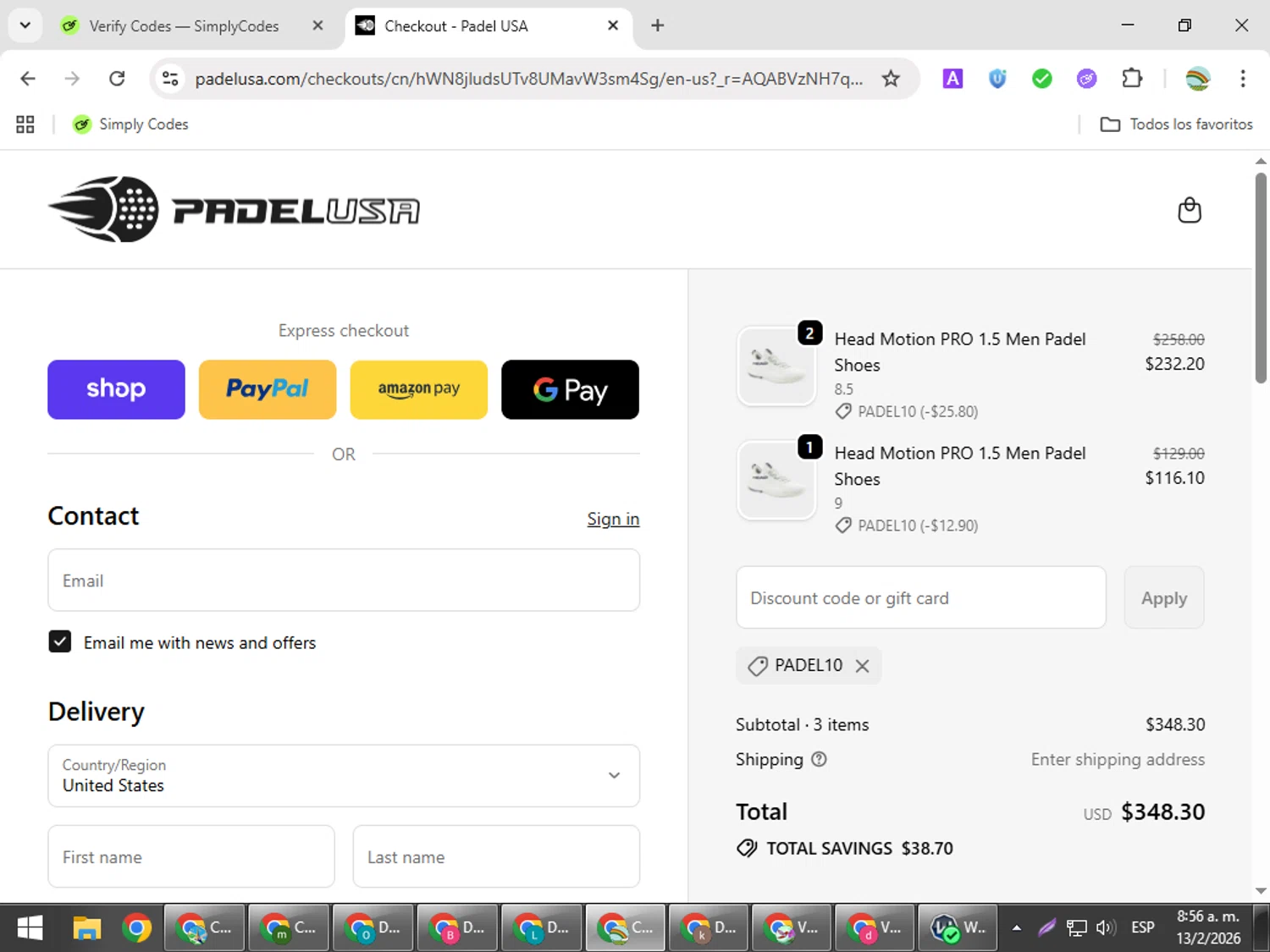 Padel USA checkout page showing Padel USA discount code box | Screenshot taken by SimplyCodes community member on Feb 13, 2026