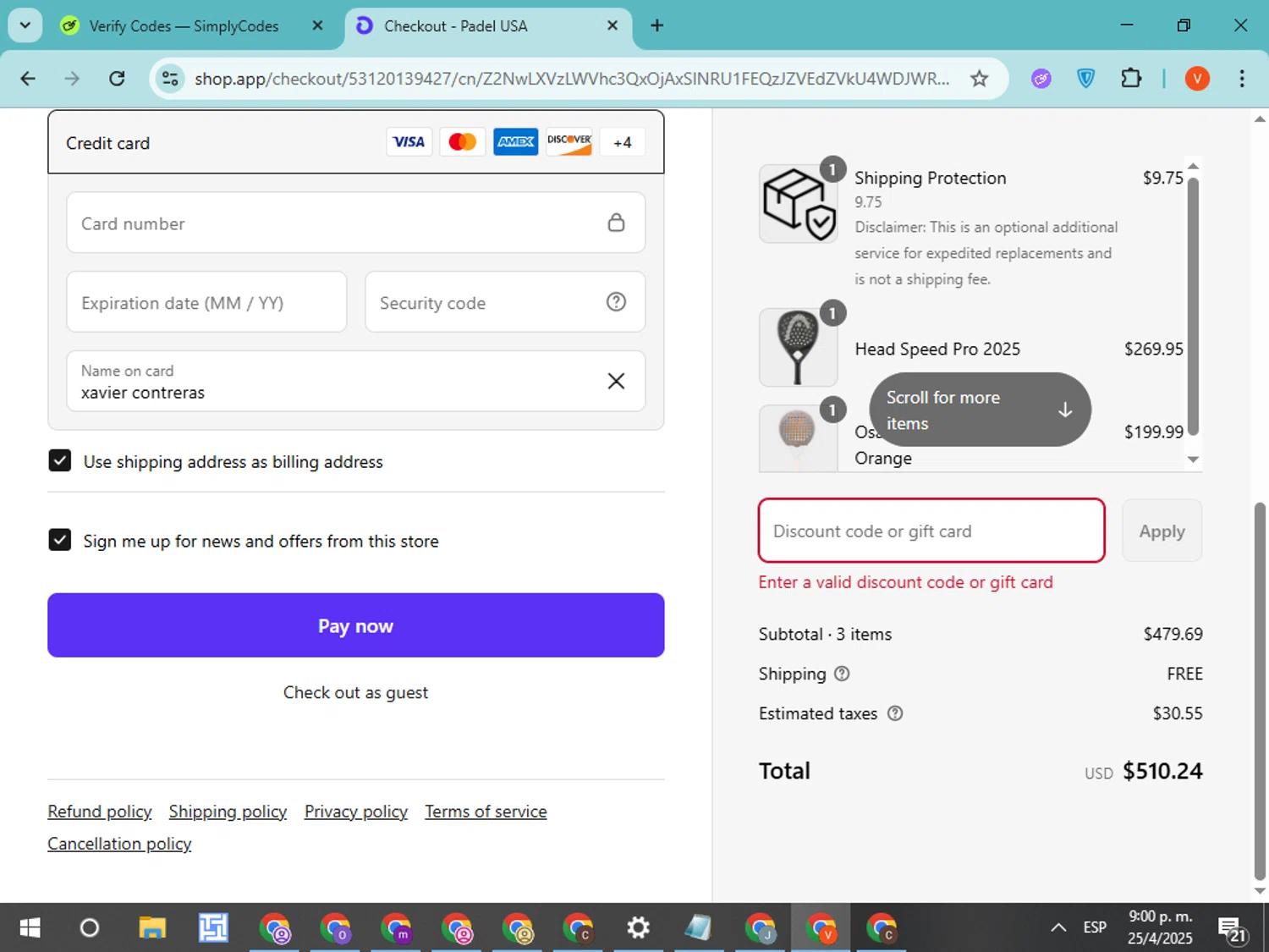 Padel USA discount code screenshot showing code PADEL15 applied at Padel USA checkout page. Uploaded by SimplyCodes community member CodeMonarch8148 on Apr 26, 2025