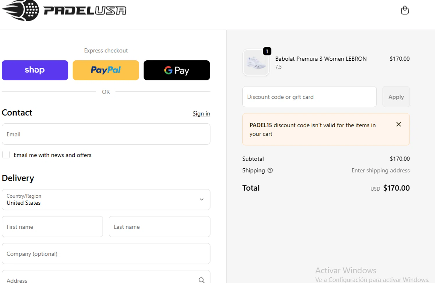 Padel USA discount code screenshot showing code PADEL15 applied at Padel USA checkout page. Uploaded by SimplyCodes community member ligthYA on Feb 4, 2026