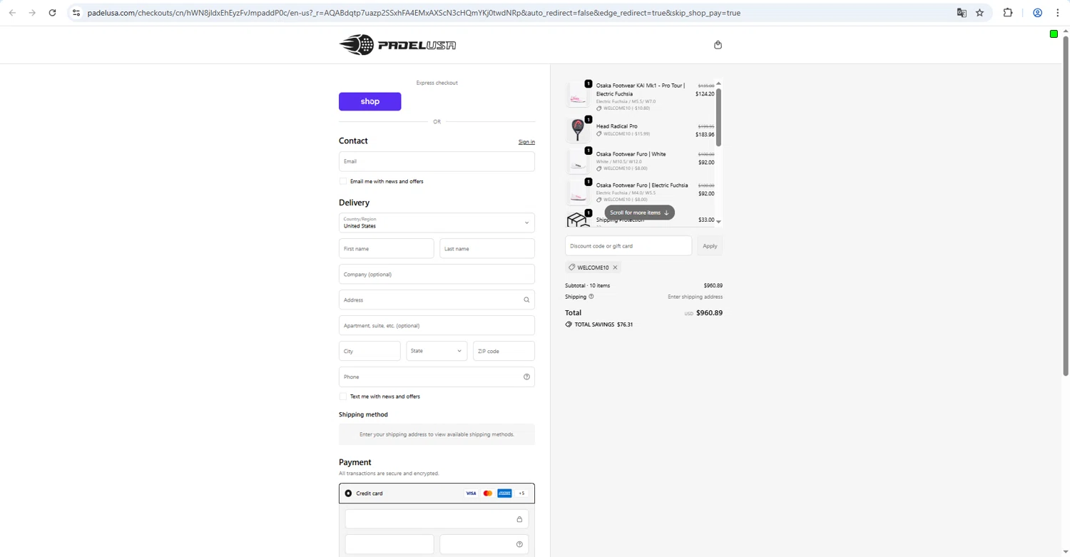 Padel USA checkout page showing Padel USA discount code box | Screenshot taken by SimplyCodes community member on Feb 13, 2026