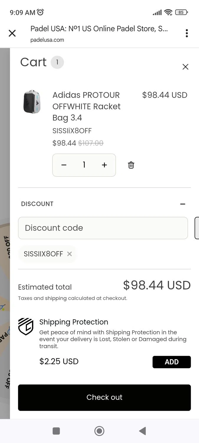 Padel USA discount code screenshot showing code SISSIiX8OFF applied at Padel USA checkout page. Uploaded by SimplyCodes community member geralddiaz on Dec 15, 2025