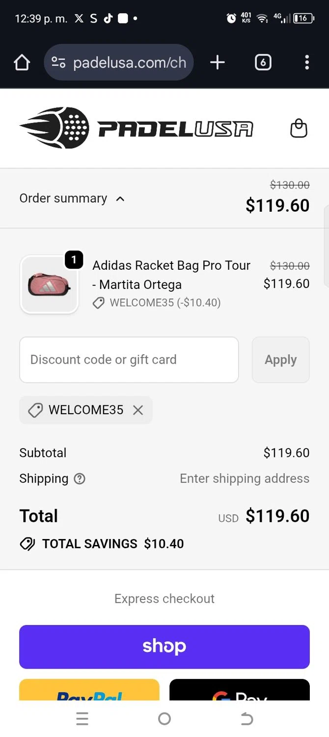 Padel USA discount code screenshot showing code Welcome35 applied at Padel USA checkout page. Uploaded by SimplyCodes community member kellymoreno on Feb 12, 2026