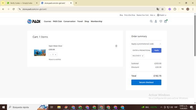 PADI checkout page showing PADI promo code box | Screenshot taken by SimplyCodes community member on Aug 15, 2025