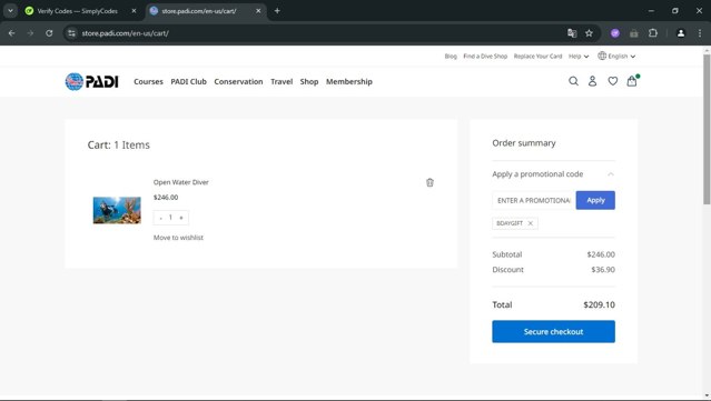 PADI checkout page showing PADI promo code box | Screenshot taken by SimplyCodes community member on Aug 15, 2025