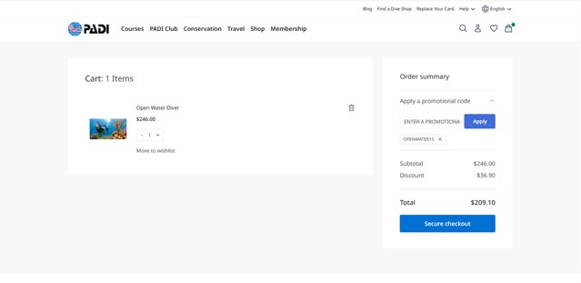 PADI checkout page showing PADI promo code box | Screenshot taken by SimplyCodes community member on Aug 21, 2025