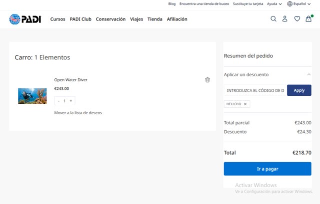 PADI checkout page showing PADI promo code box | Screenshot taken by SimplyCodes community member on Aug 18, 2025