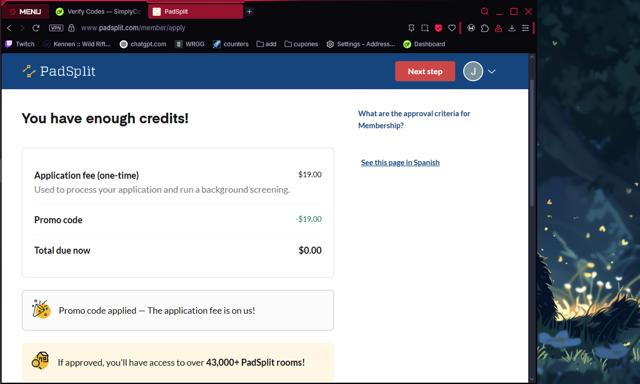 PadSplit checkout page showing PadSplit promo code box | Screenshot taken by SimplyCodes community member on Jul 20, 2025