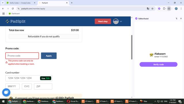 PadSplit checkout page showing PadSplit promo code box | Screenshot taken by SimplyCodes community member on Jul 10, 2025